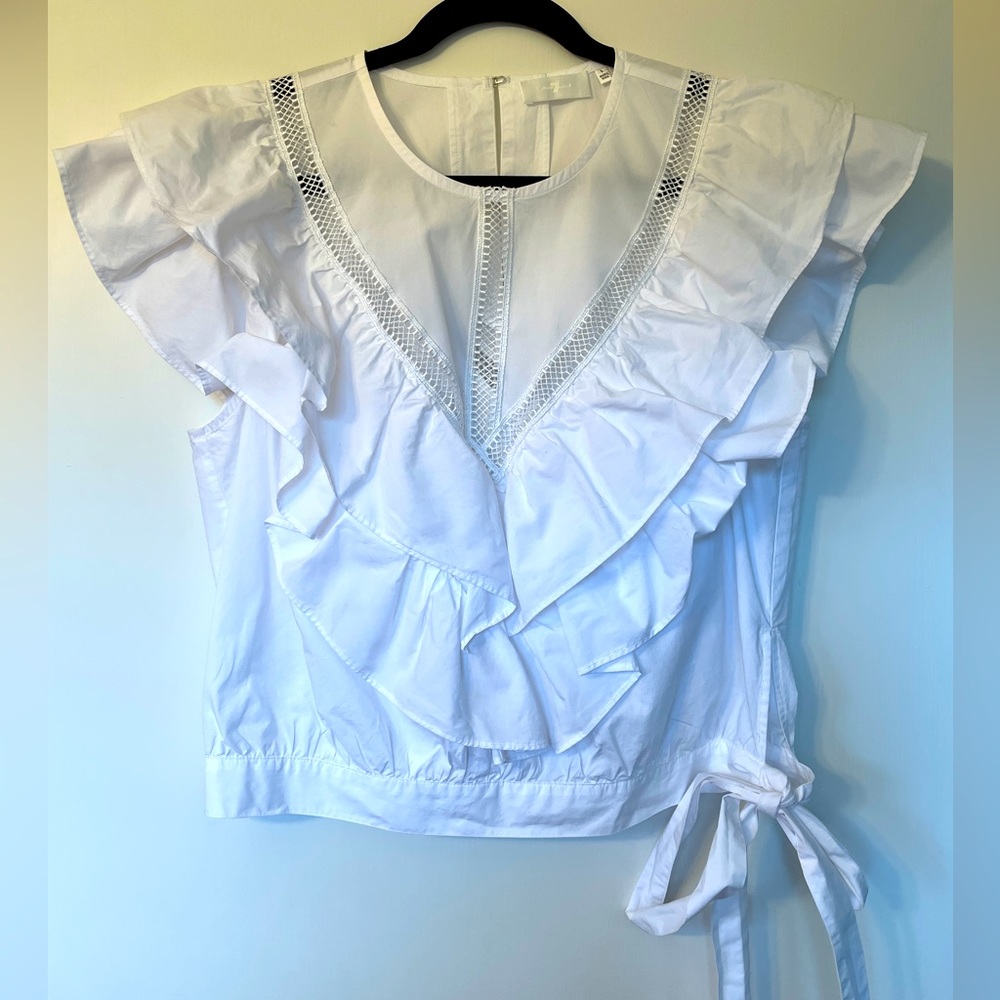 Gorgeous Seven for All Mankind ruffled crop shirt with a tie.